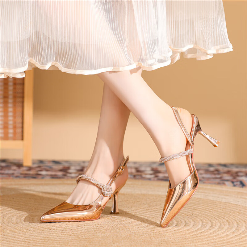 达芙妮(daphne)香槟色包头凉鞋女款2024新款外穿细跟小个子气质绝美