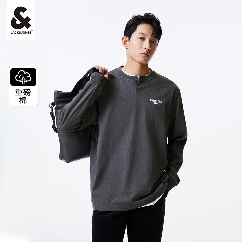 杰克·琼斯（JACK&amp;JONES）25年秋季植绒重磅棉字母休闲套头宽松长袖T恤男装打底衫内搭外穿 水泥灰色E39 M 175