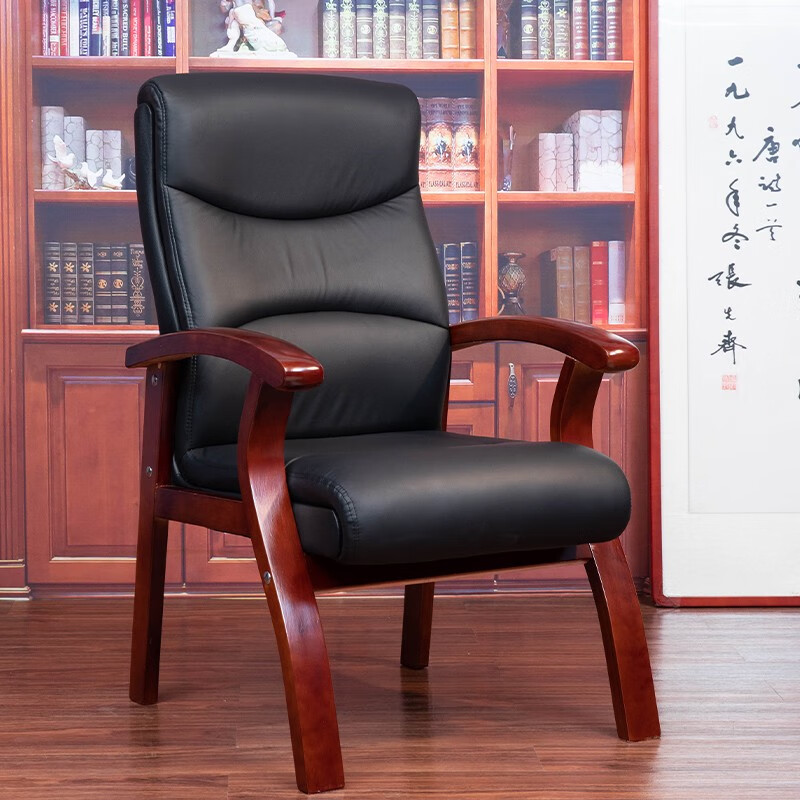 老板椅 会议椅 家用书房实木椅子 座椅办公椅 靠背班前椅 电脑椅 黑色头层牛皮