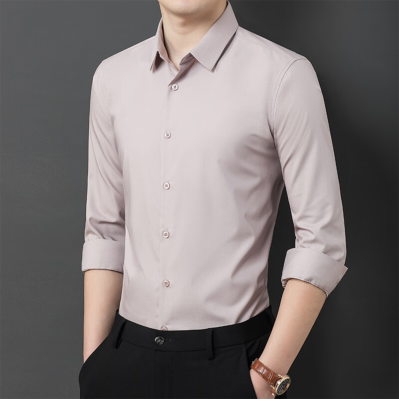 哈雷纳金狐狸 衬衫男纯色休闲长袖衬衫舒适透气衬衣男2201 豆沙粉 170