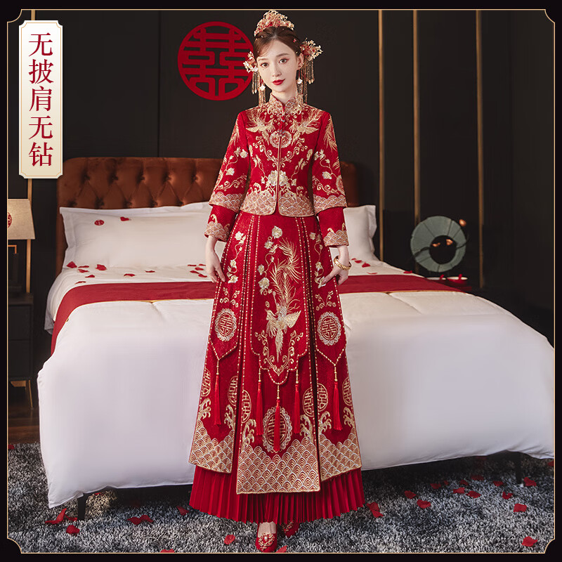米詩德繡禾服結(jié)婚秀禾服150小個子敬酒服新娘中式婚紗結(jié)婚當(dāng)天穿的衣服 無披肩-鳳來儀百褶款[無頭部飾] XL [建議115-125斤]