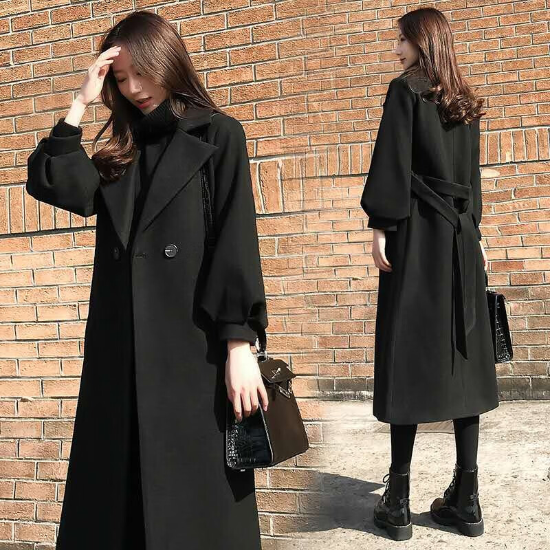 西柏图 毛呢大衣女2021年新款秋冬加厚黑色赫本风过膝中长款羊绒呢子