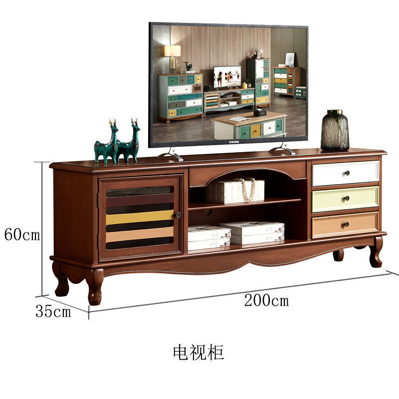 爱派森美式斗柜实木卧室复古彩绘多抽屉储物柜欧式客厅多功能收纳柜 胡桃色电视柜200CM