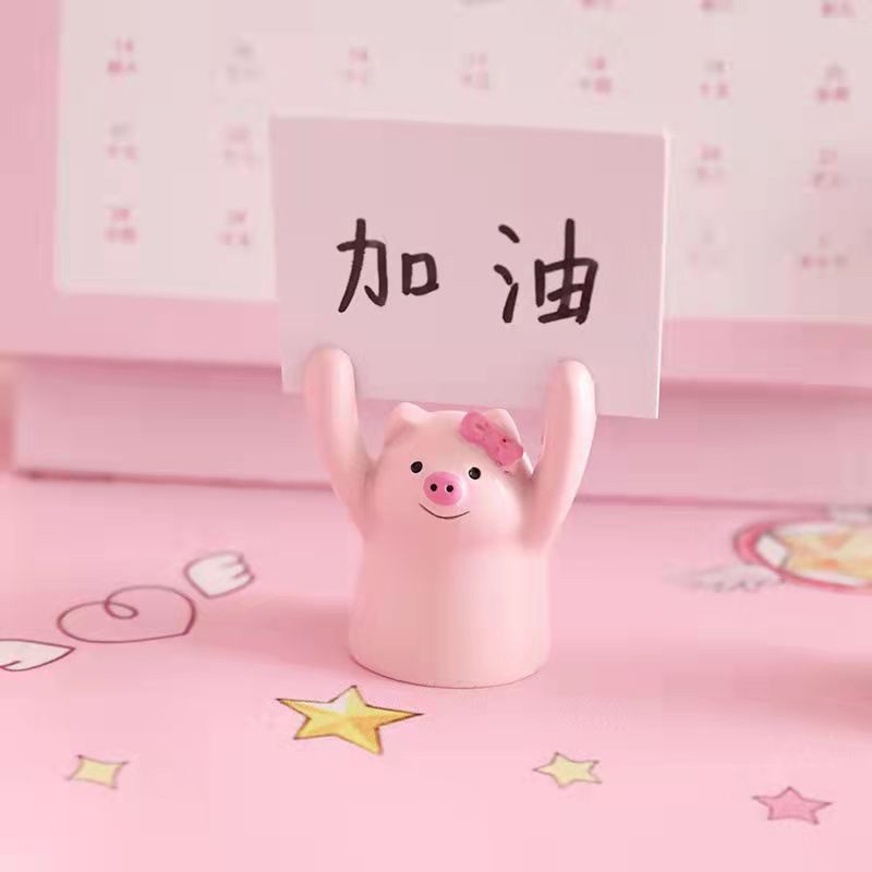 哥纶 举牌小猪可爱动物留言夹底座电脑书桌面加油励志不生气微景摆件