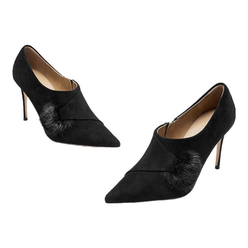 NINE WEST/玖熙羊反絨新高跟鞋摩登時尚深口單鞋女 NP401036SK 黑色36