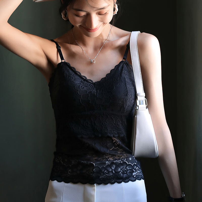 零虹蕾丝吊带背心女秋冬内搭带胸垫法式性感美背外穿打底上衣 黑色 m
