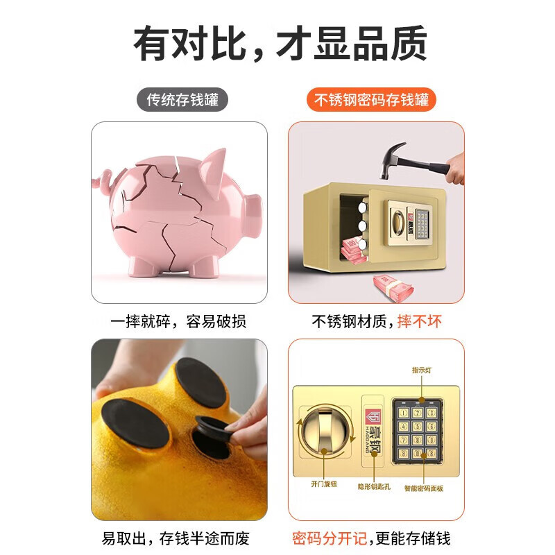 袖悠存钱罐成人储钱罐密码箱保险柜家用大容量可存可取儿童男女孩礼物 【土豪金-投币+钥匙】小号存50W