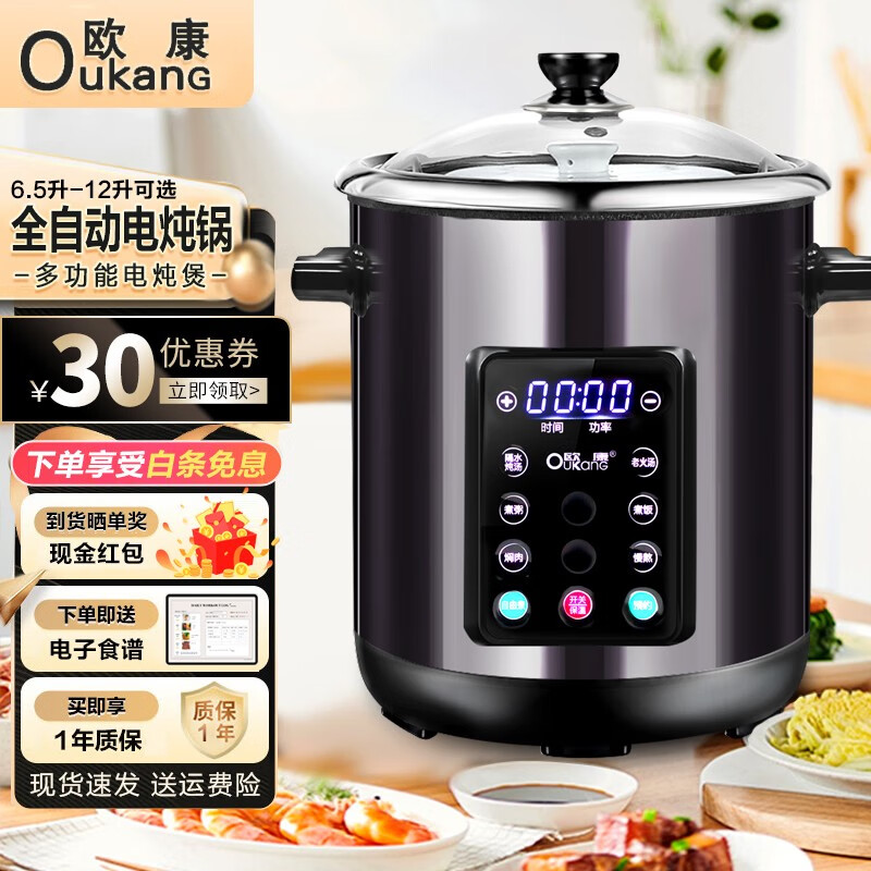 欧康（OukanG）陶瓷隔水炖盅煲汤锅煮粥食品级不锈钢电炖锅家用智能大容量全自动 6.5L钢胆不含炖盅