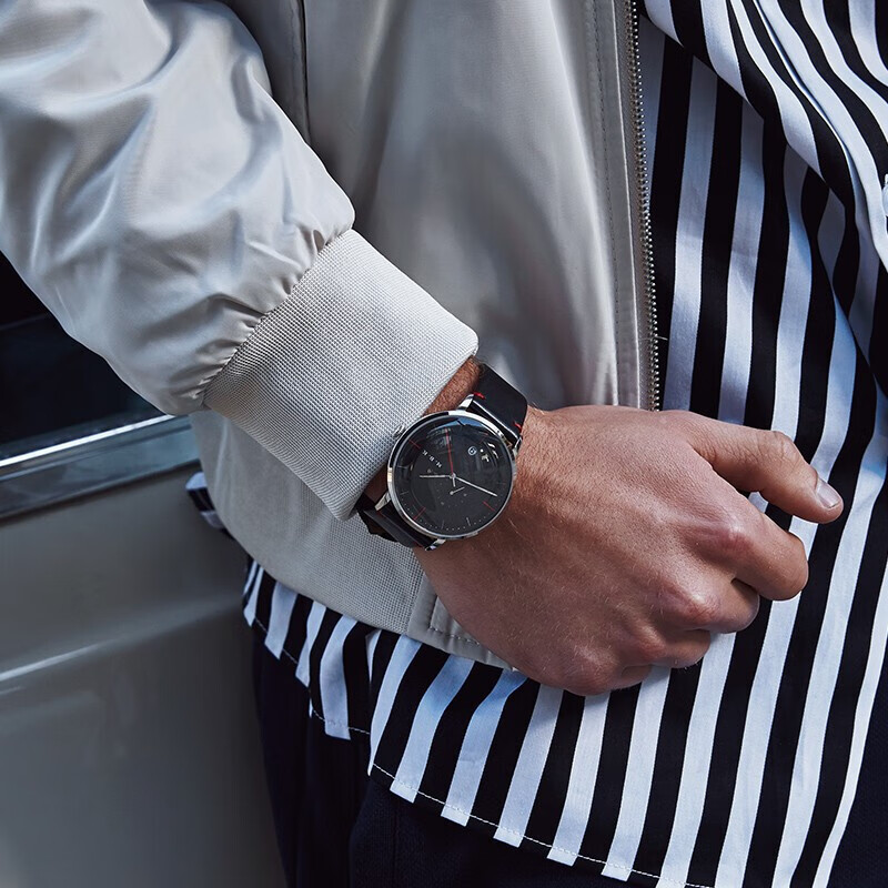 M.B.K美国品牌进口手表男士机械表全自动弧面防水简约商务男士品牌腕表 【24小时】银壳黑面皮带M1008G