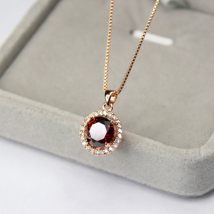项链女日韩锁骨短款简约红宝石水晶碎钻吊坠合成锆石项链 玫瑰金红石