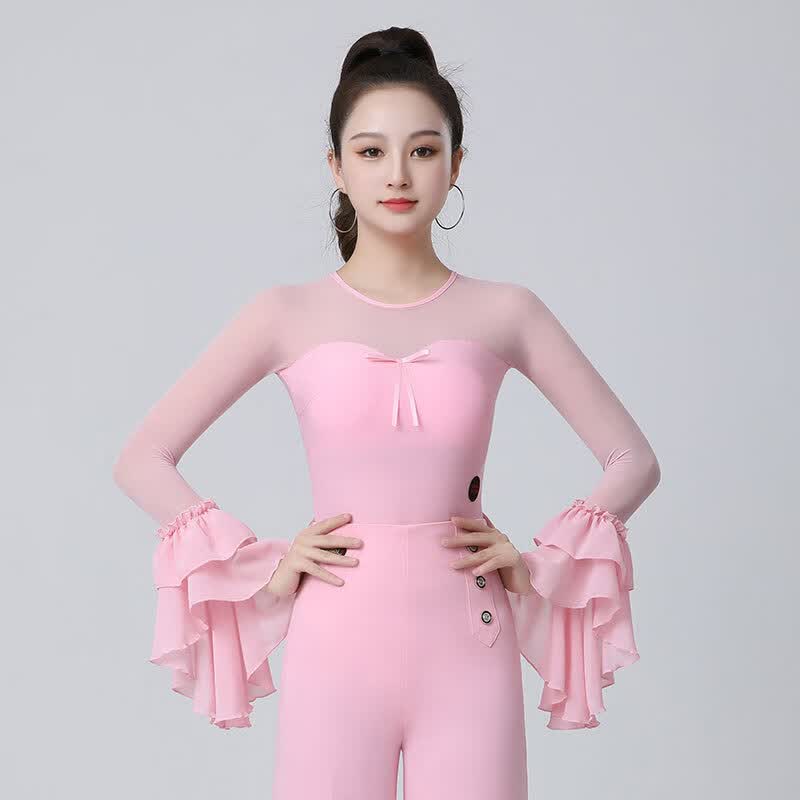 舞蹈服女士连体舞衣品牌舞蹈上衣国标舞练功服 小圆领喇叭飘飘袖粉色
