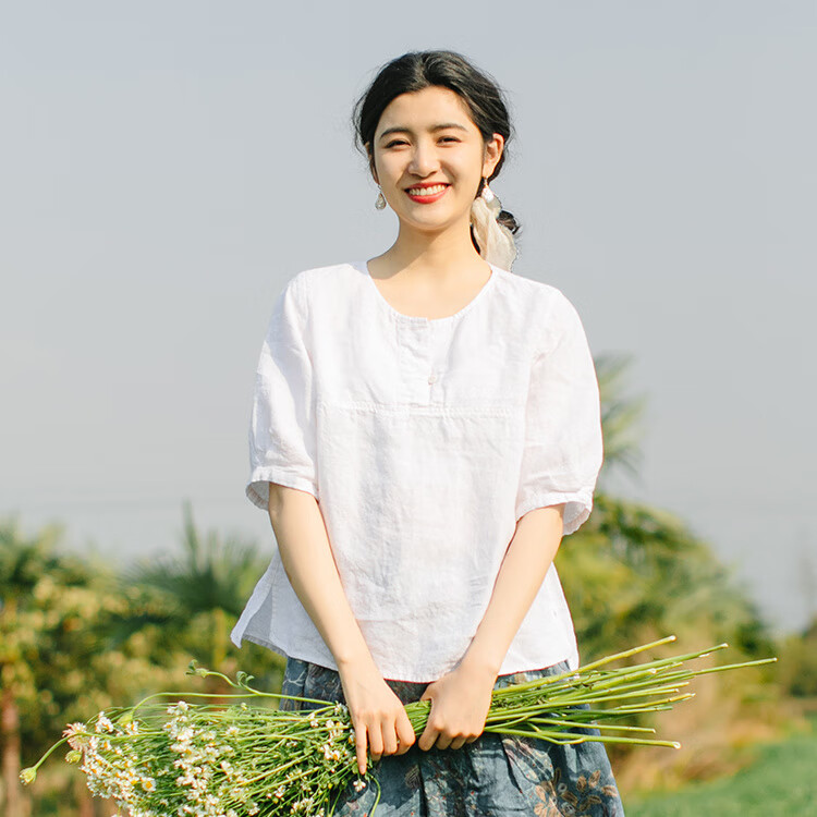 ujxw棉麻t恤女绽放182朵/短袖小衫2023春季文艺宽松短款亚麻套头衬衫