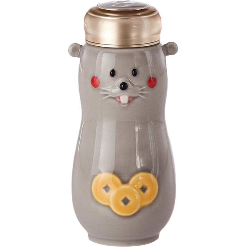 新品乾唐軒活瓷小金鼠單層鎏金彩繪迷你便攜隨行杯帶蓋陶瓷水杯子可愛創(chuàng)意鼠年禮物 灰色·彩繪