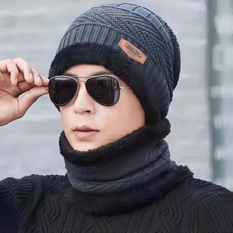【优选】帽子男女秋冬季户外套头遮耳保暖针织毛线帽男士帽子加绒 深灰色 均码 1个