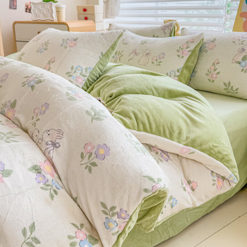 软贝小清新牛奶绒床上四件套保暖毛绒床单被套学生宿舍秋冬款三件套 绿意盎然 床单款 1.2m  被套150*200cm 三件套