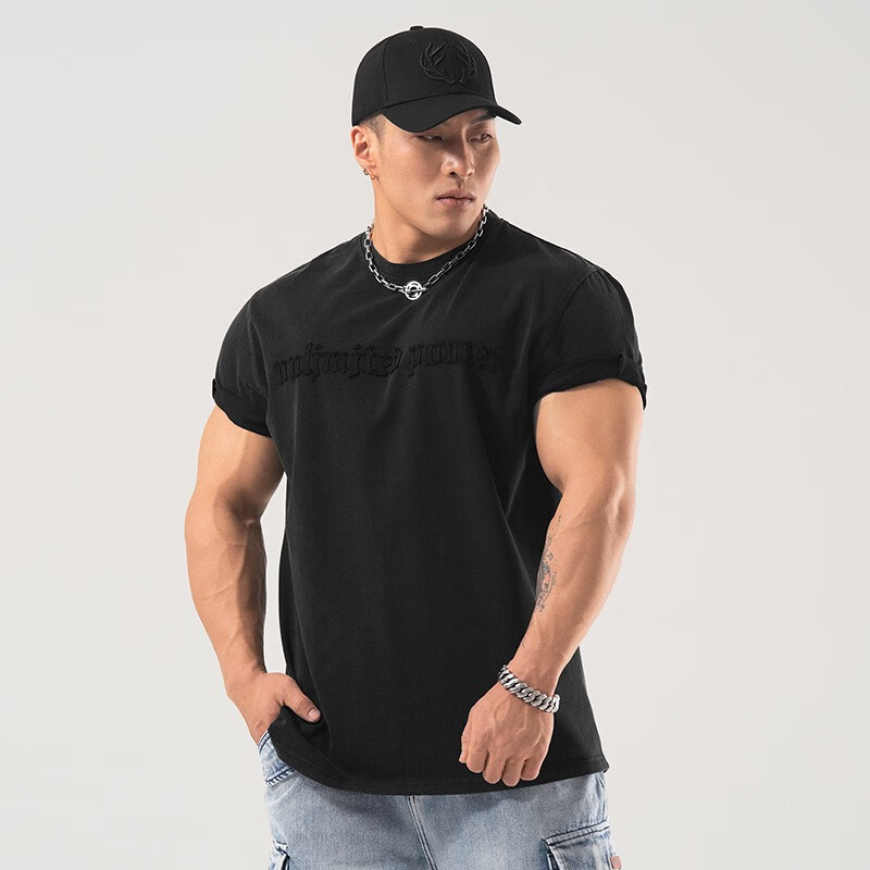 鹿家门夏季新款运动短袖t恤男健身宽松大码复古做旧半袖打底衫男 黑