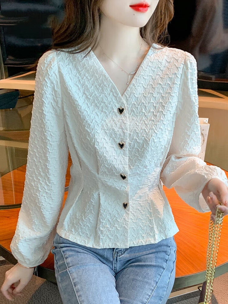 芭鸢早春季v领雪纺衬衫女装秋装2025年新款长袖洋气收腰小衫短款上衣  浅杏色学生春装女上衣显瘦衬衫女 L (110-125斤)