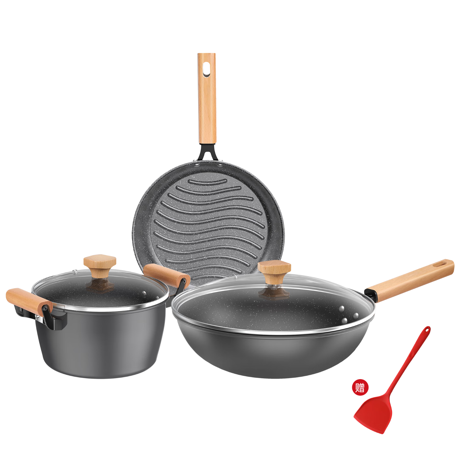 康巴赫（KBH）不粘鍋套裝鍋具炒煎湯鍋三件套平底少煙麥飯石色禮贈佳品不挑爐灶 下單送硅膠鏟