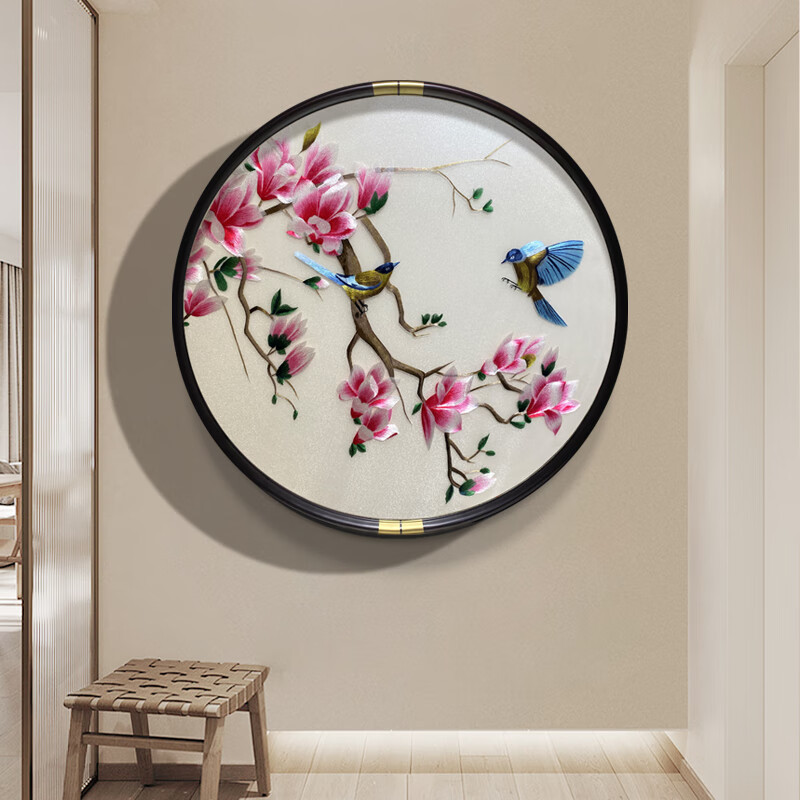 禾万瑞玉兰报喜高档苏绣挂画成品实木圆形苏州刺绣壁画入户玄关走廊
