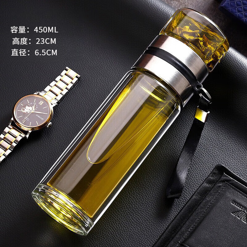 富光玻璃杯茶水分離杯雙層透明商務(wù)便攜高硼硅隔熱玻璃水杯禮品可定制 鋼本色高硼硅雙層 450ml 玻璃杯