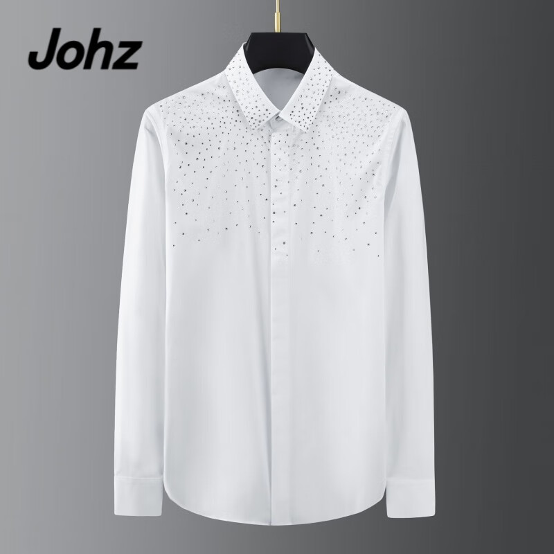 johz轻奢侈酷奇品牌衬衫男捷克水钻烫印长袖修身休闲打底上衣高档