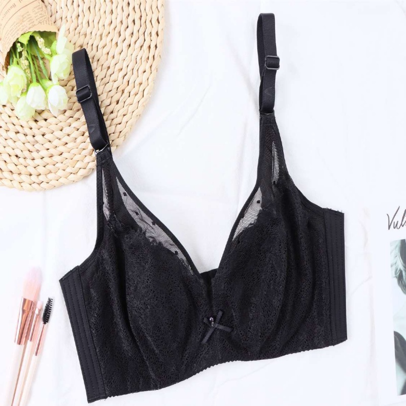 菱馨女人内衣新款性感迷人波点蕾丝薄水晶杯聚拢调整型文胸 黑色 34