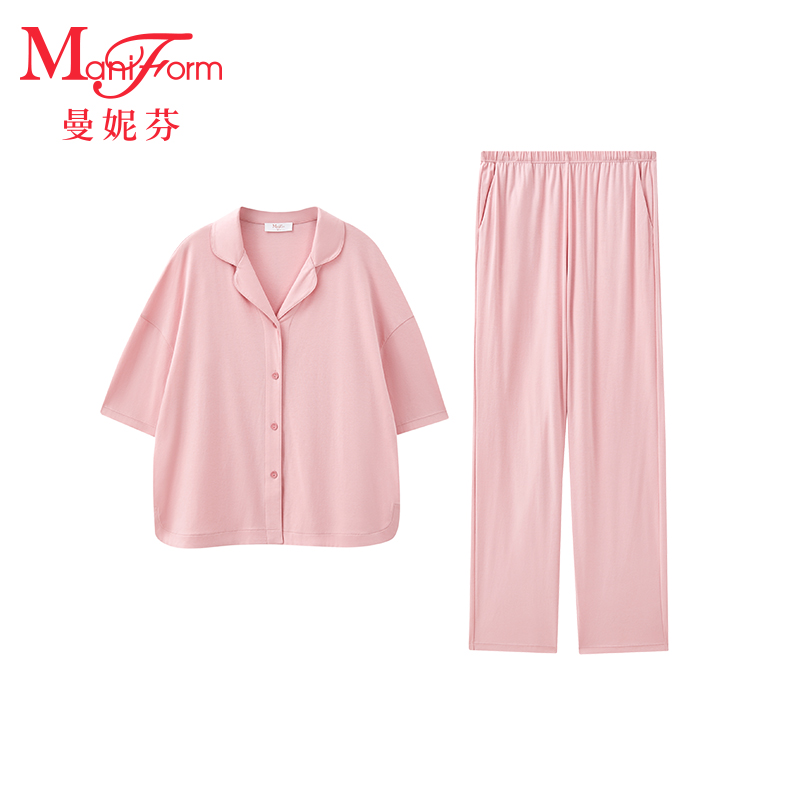 曼妮芬女士翻领七分袖长裤套装家居服睡衣裤舒适纯棉内衣20310702 060 黄色 XL 170/96A-170/80A