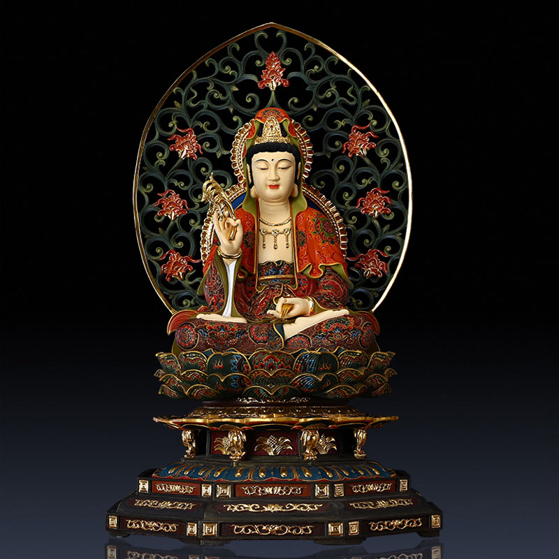 圆通手工彩绘观世音佛像家用供奉纯黄铜观音菩萨娑婆三圣摆件 68cm