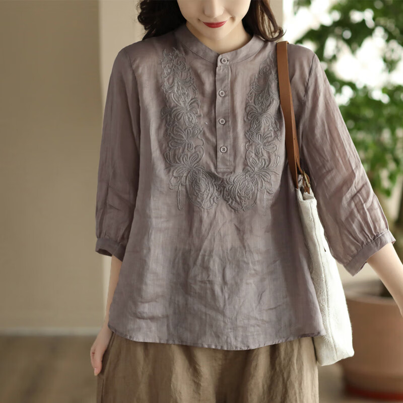 蔺涵日系专柜尾货女苎麻刺绣亚麻衬衫宽松七分袖棉麻上衣 灰色(少量