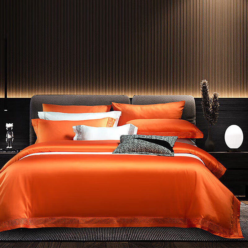 高端140支匹马棉四件套北欧风纯色高支高密酒店风轻奢床上用品 橙色
