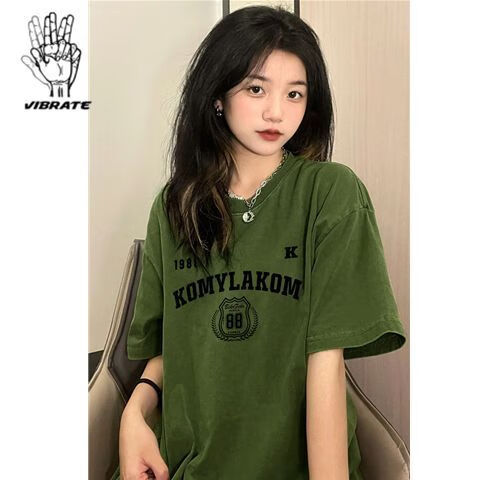 奥绣芙2024美式复古港风正肩短袖t恤女款夏季墨绿色上衣宽松情侣体恤