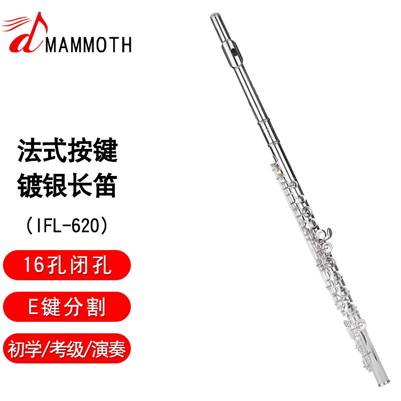 猛犸象法式按键16孔C调长笛白铜镀银管体初学考级儿童成人通用乐器 IFL-620