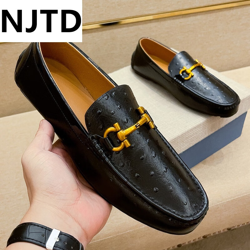 njtd男鞋瓦萨琪软底套脚豆豆鞋男感一脚蹬休闲皮鞋 黑色 38