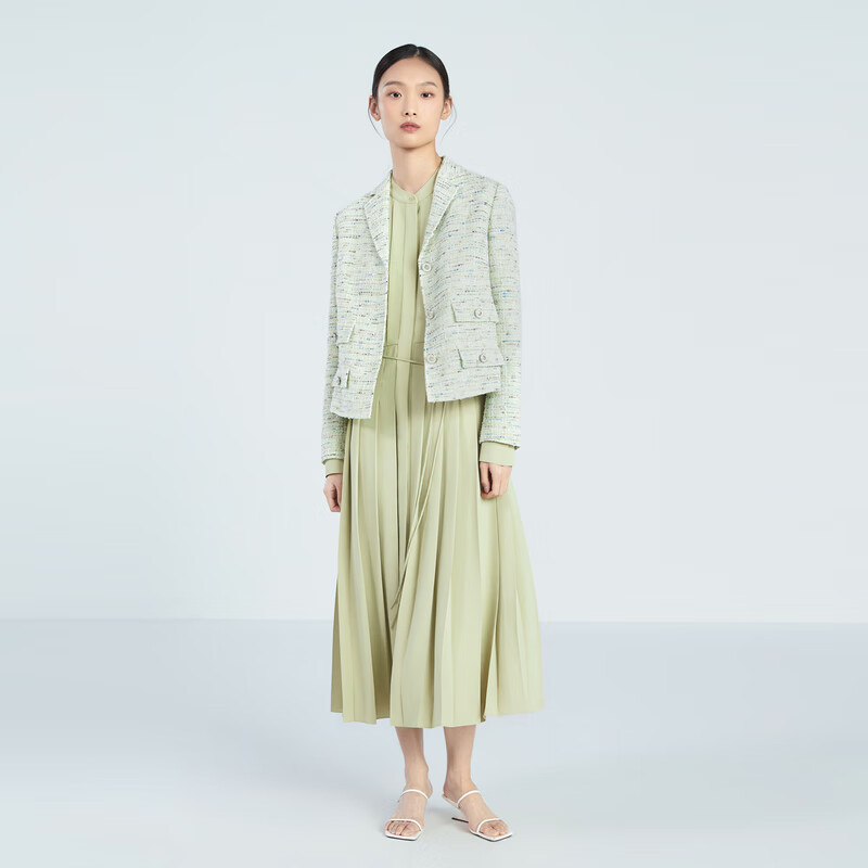 OVV2023春夏新款女装经典粗花呢时尚花纱短款西服外套 浅绿花纹01 M