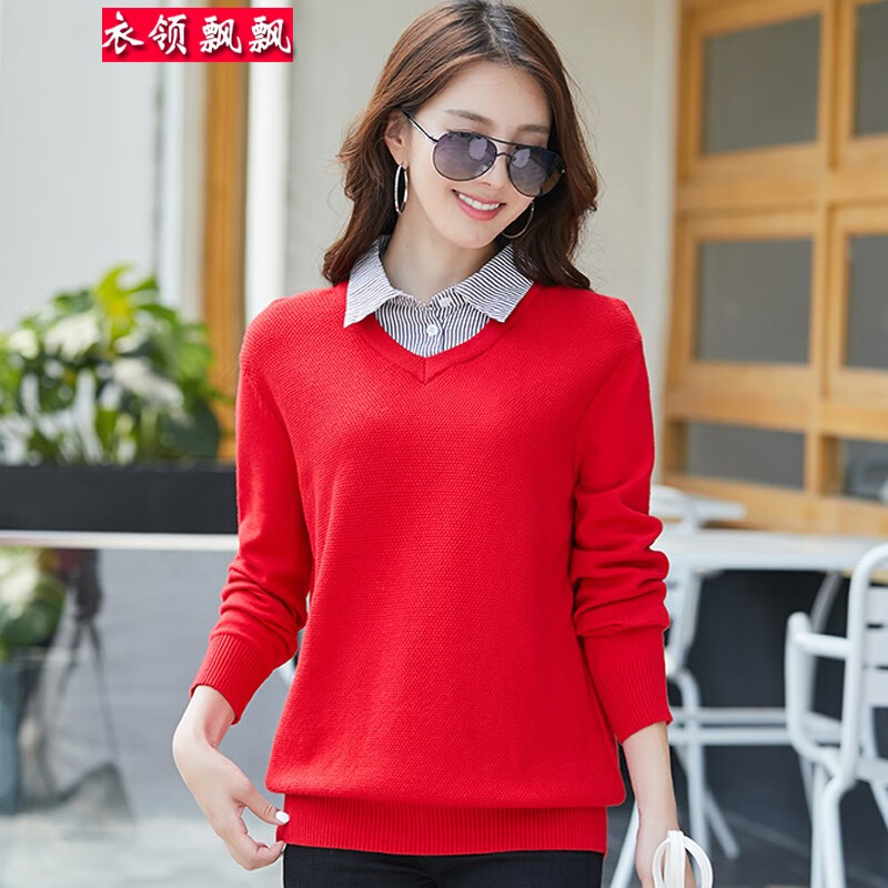 衣領(lǐng)飄飄品質(zhì)時(shí)尚針織衫女毛衣外套套頭長(zhǎng)袖秋冬上衣女士打底衫毛線衣服 3016-1中國(guó)紅條紋領(lǐng) 2XL