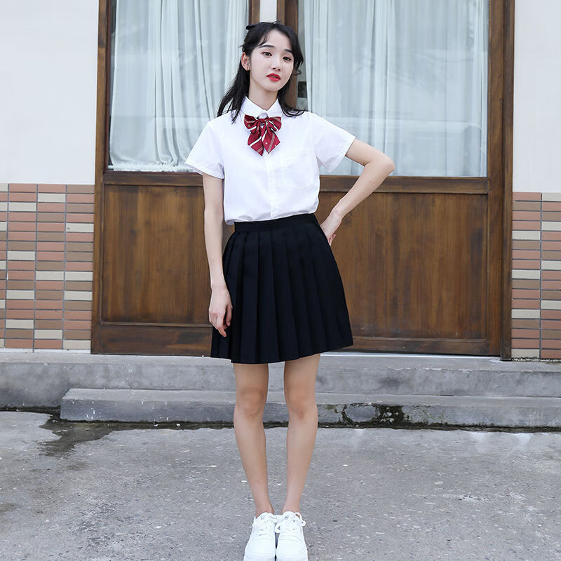 照学生学院风女士生中夏季大合唱长裙 女短袖 百褶短裙 红皇冠领结 xs