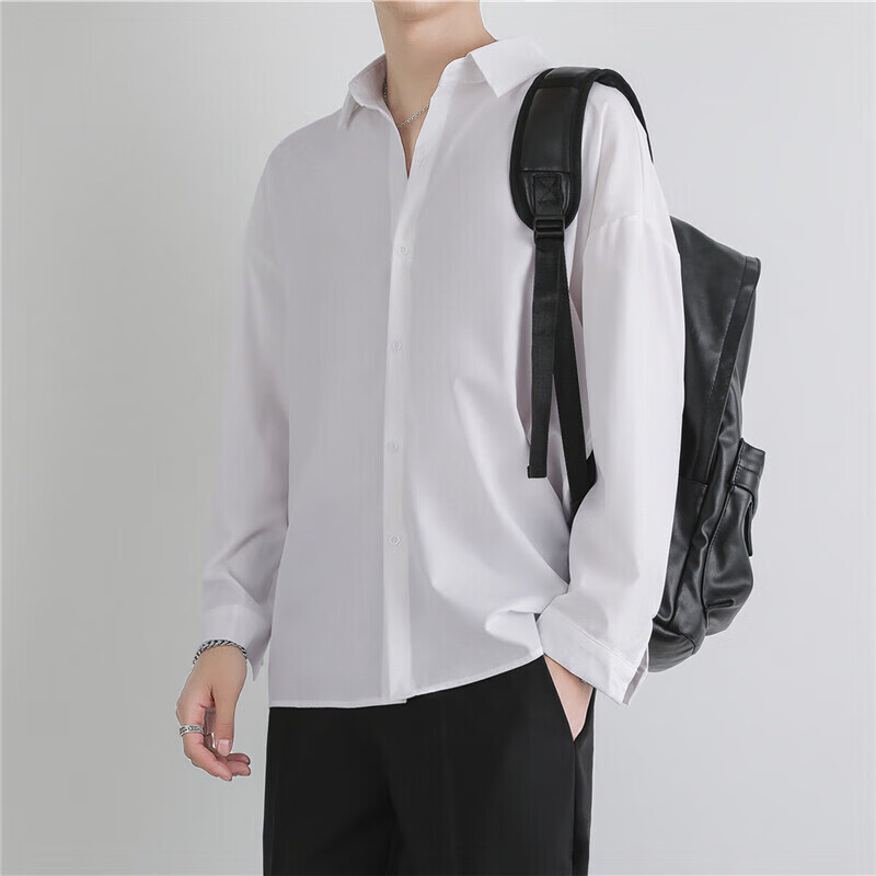以纯衬衫男士长袖外套秋季韩版潮流休闲秋上衣 白色a21a21a21 m