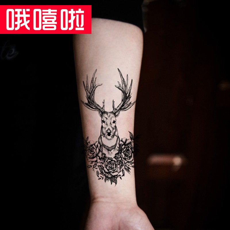 哦嘻啦 刺青色鹿头花臂纹身贴彩色麋鹿花腿大图防水逼真纹身贴纸 男女