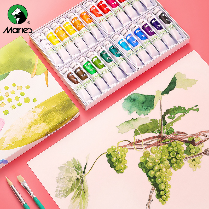 马利(maries)水彩颜料盒装24色12ml 内部小盒6支划分便携学生儿童