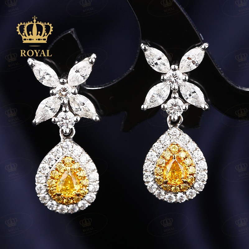 royal珠宝黄钻耳环钻石耳坠女式黄色水滴形耳饰镶白钻