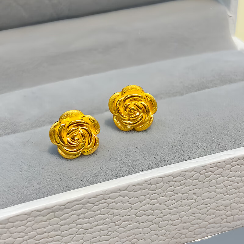 瑞諾999黃金耳釘3D硬金立體玫瑰花耳釘女足金耳環(huán)生日禮物送女友媽媽 磨砂彎勾款一對(duì) 重約2.1g
