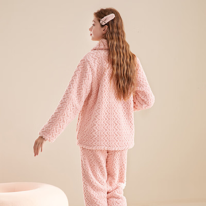 芬腾睡衣女【加厚暖绒】2024秋冬季少女感保暖翻领开衫长袖家居服套装 虾粉 L