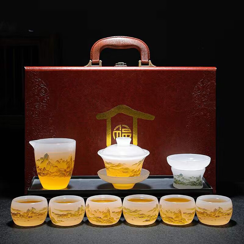 麟酷【精选好货】琉璃千里江山功夫茶具套装轻奢山水盖碗公杯现代中式