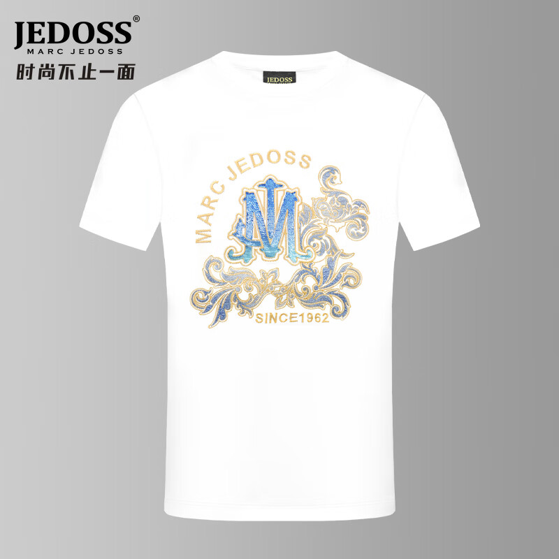 马克爵迪斯（Marc jedoss）男装2024初春新款炫彩珠片绣修身短袖T恤HM583 白色 50