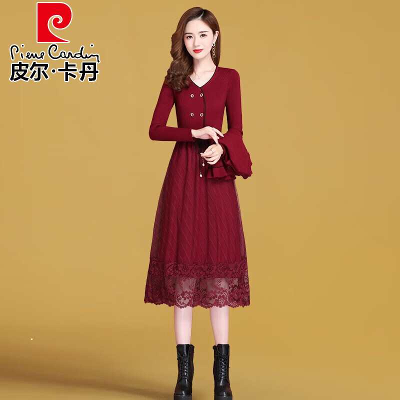皮尔卡丹品牌高档女装 秋冬连衣裙新款2022年女装时尚红色秋装女神范
