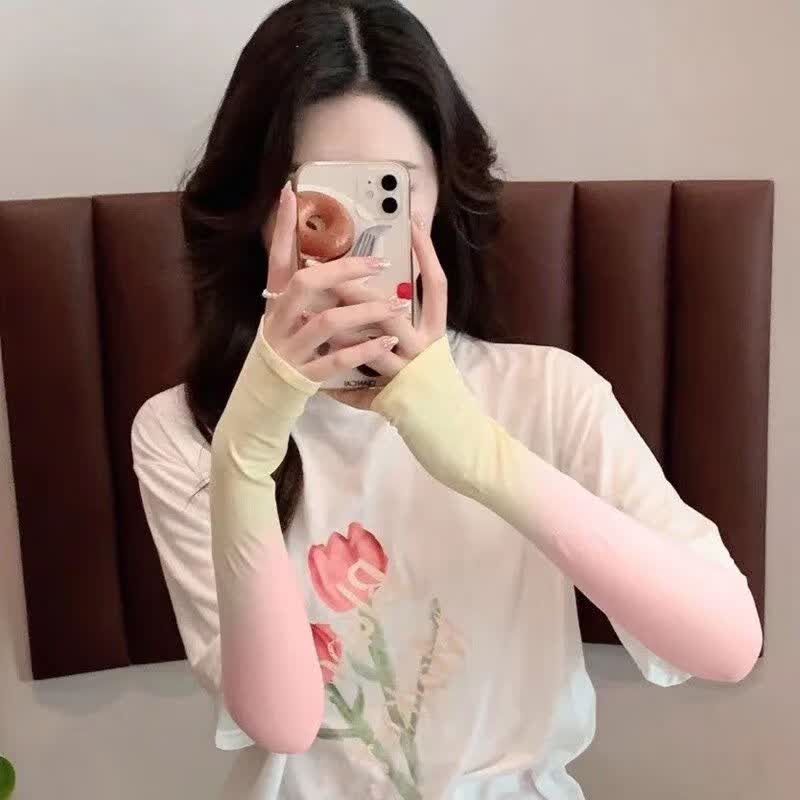 2024新款渐变冰袖冰丝防晒袖套女夏季薄款户外骑车高颜值 黄粉渐变 1副装 均码【80-170斤】