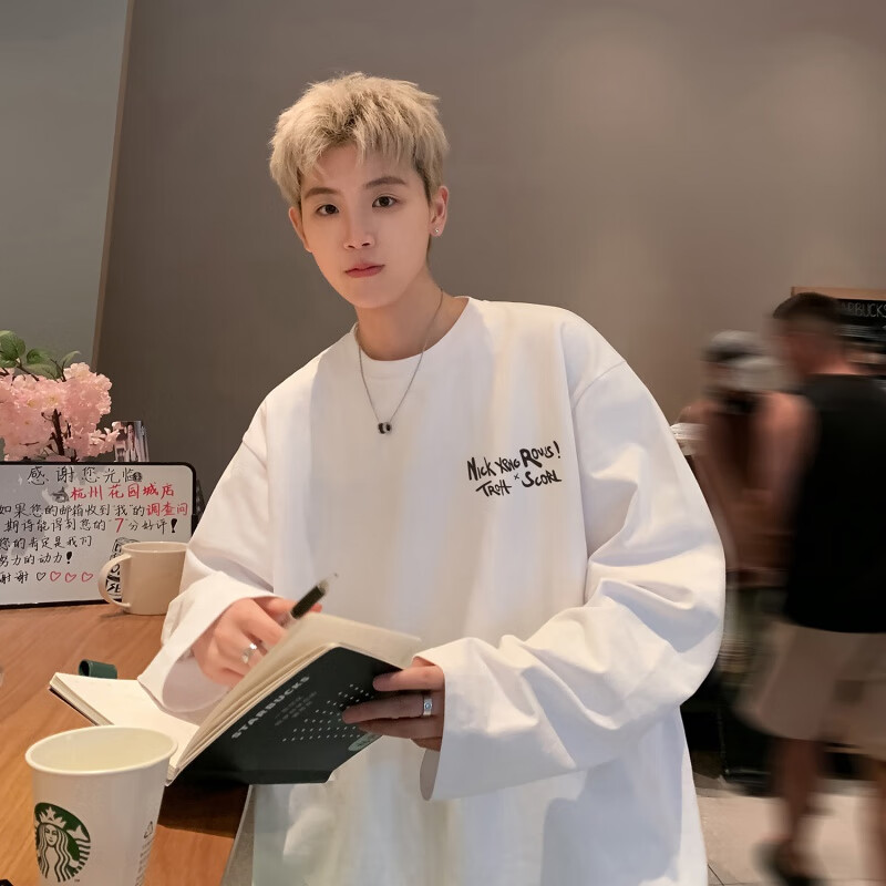 魄克圆领长袖t恤男生24春秋季新款内搭打底衫宽松百搭休闲青年上衣服