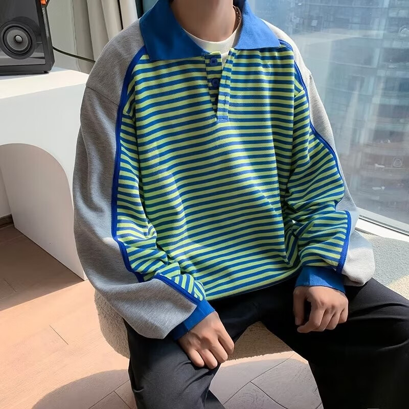 哇牌裳 高街情侣条纹卫衣ins潮男春秋季宽松polo翻领拼接美式设计感