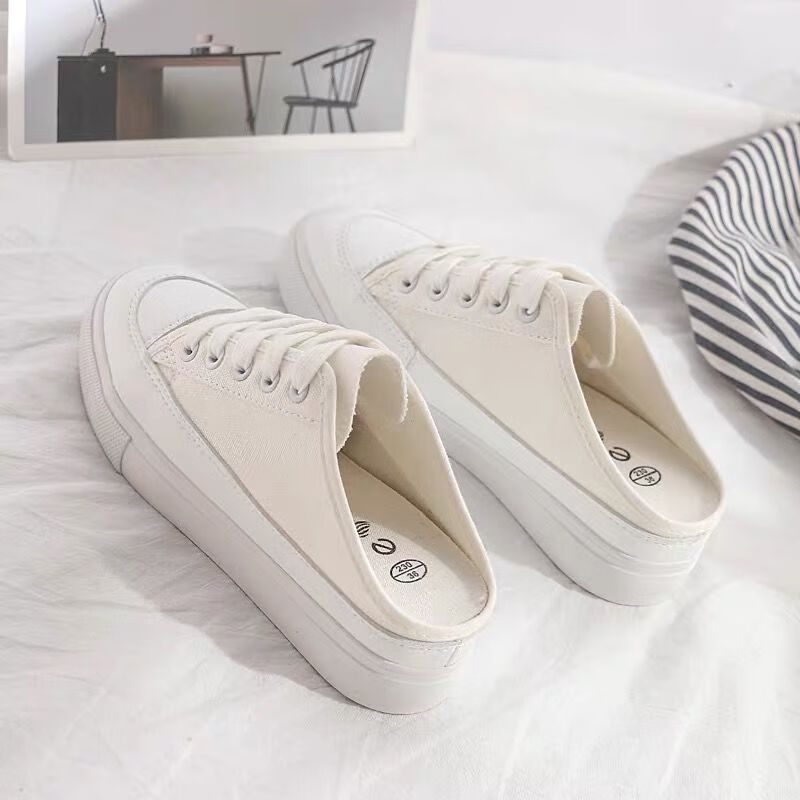 脚后跟半托赖人鞋包头半拖帆布鞋女秋季韩版内增高百搭无懒人鞋小白鞋