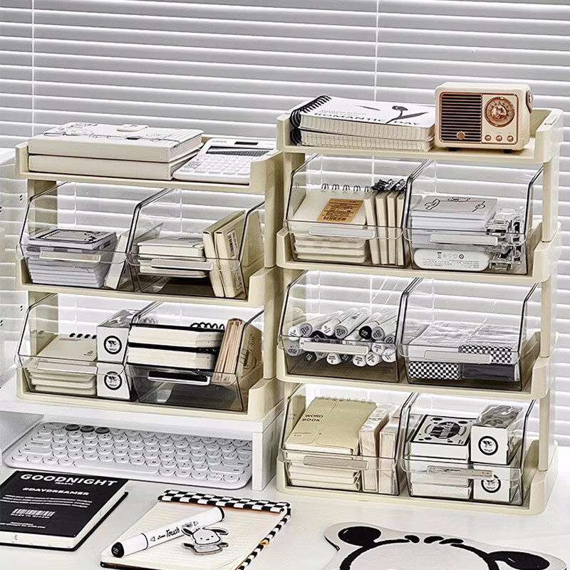 萌依儿（Mengyier）桌面收纳盒抽屉式宿舍书桌文具杂物整理盒办公室用品多层储物盒的 奶油白-两层抽屉收纳